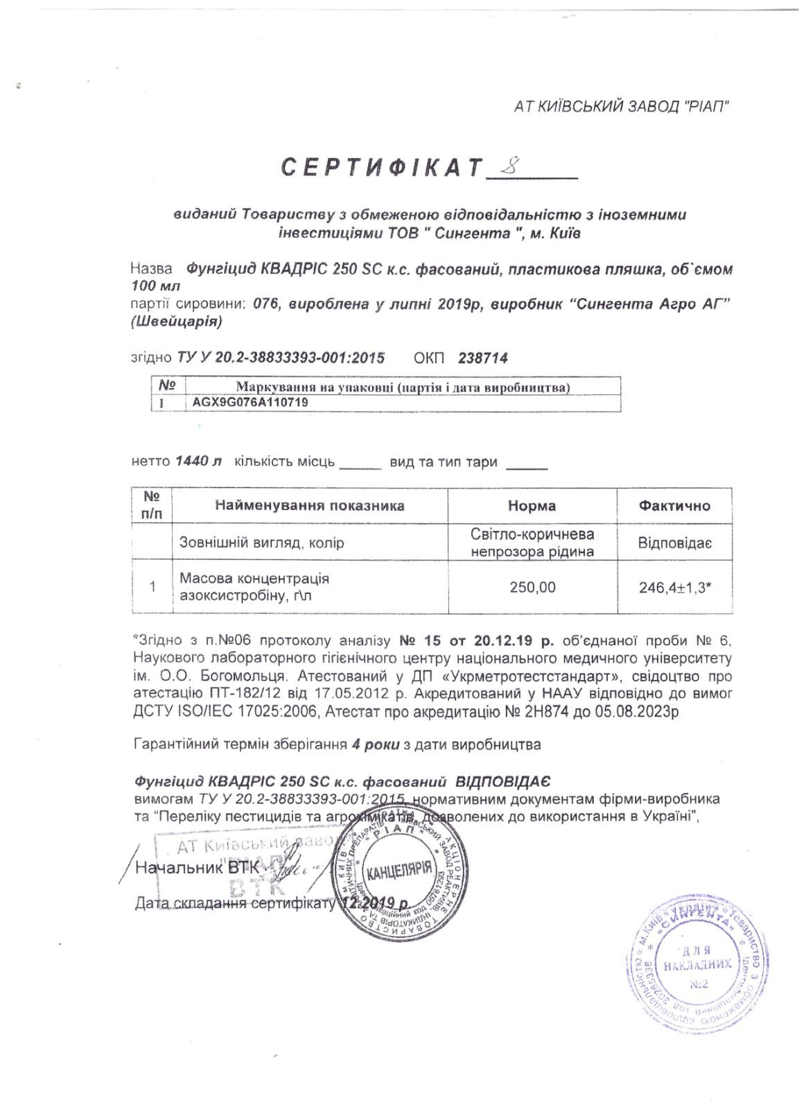 Сертифікат фунгіцид Квадріс 25% Syngenta