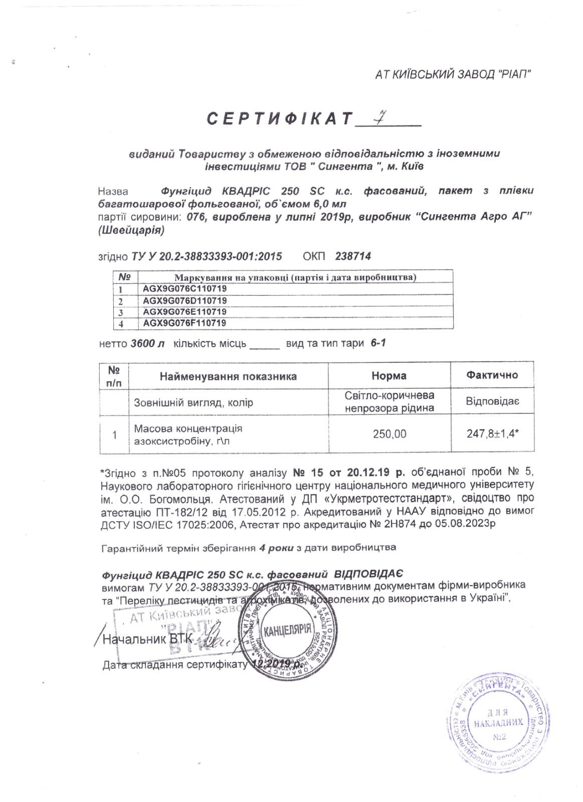 Сертифікат фунгіцид Квадріс 25% Syngenta