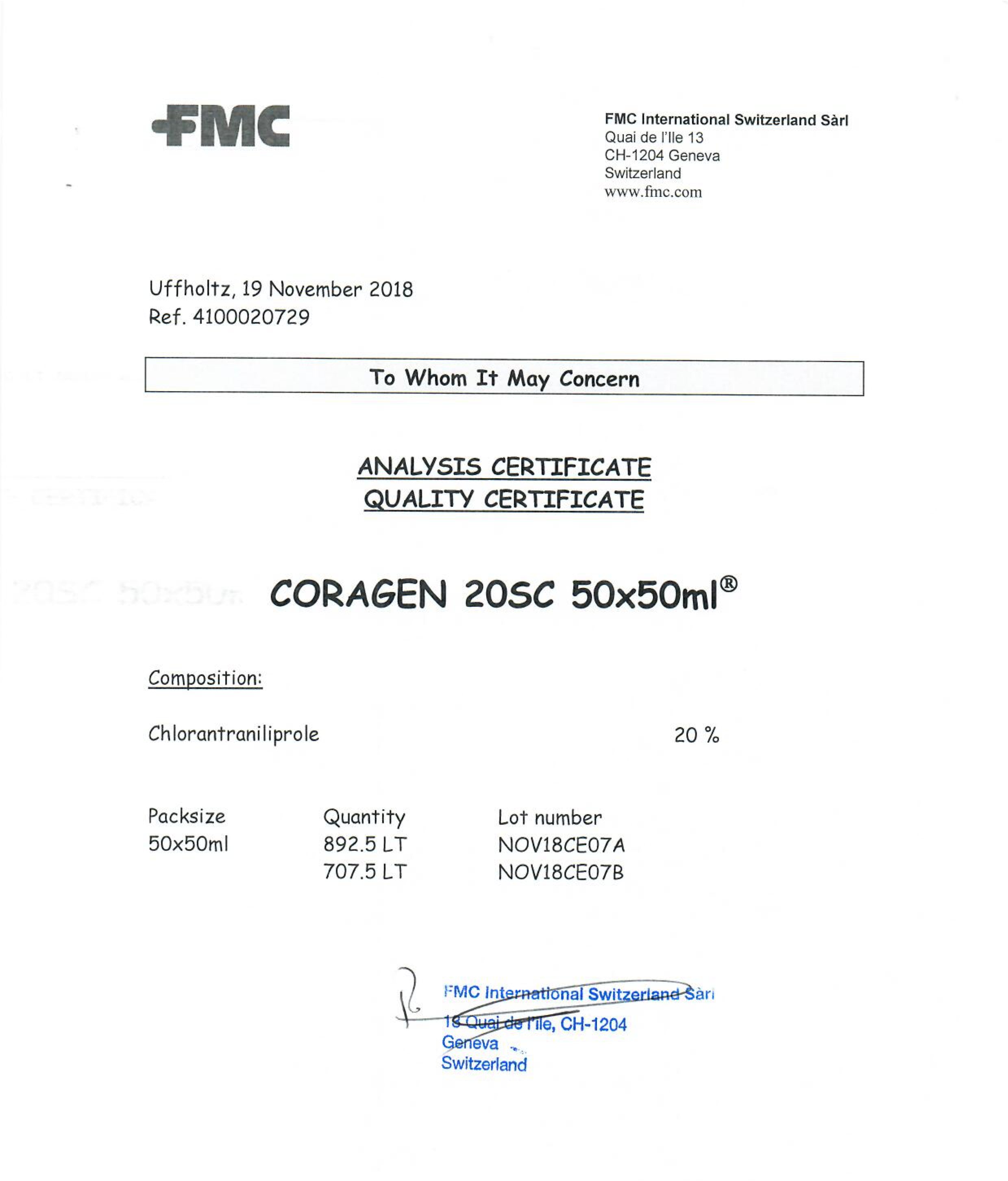 Сертифікат інсектицид Кораген 20 FMC