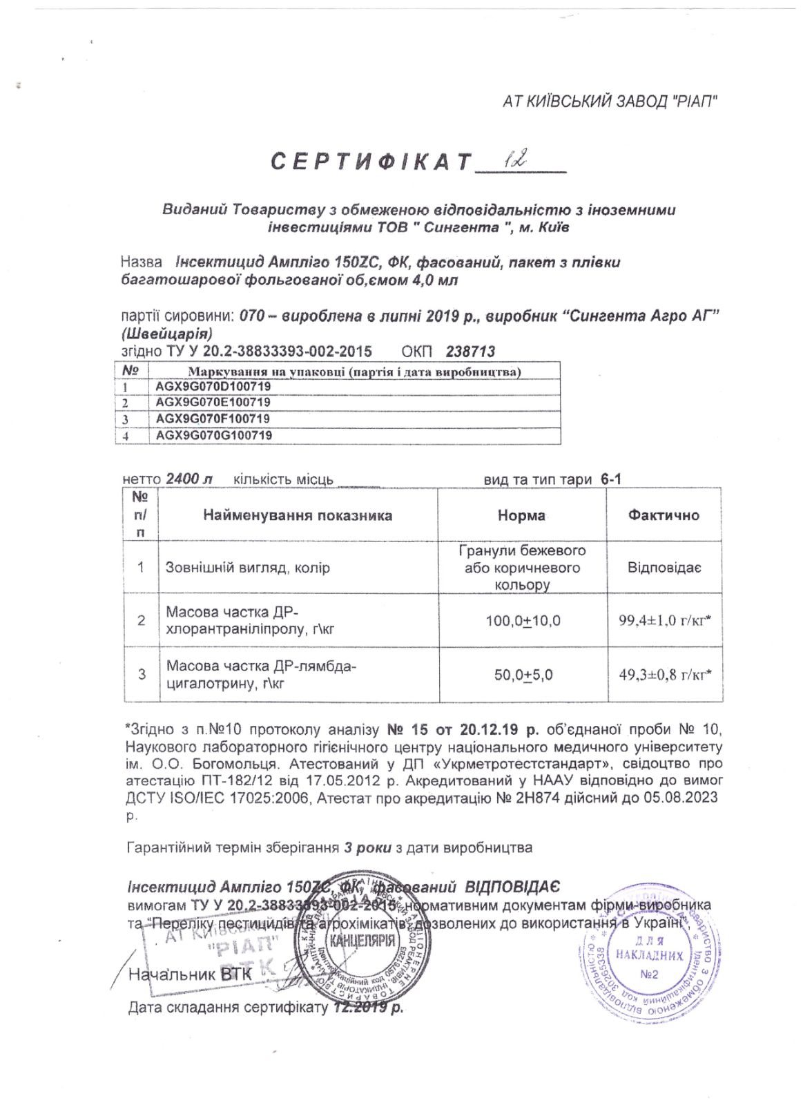 Сертифікат інсектицид Ампліго 150 ZC ф.к. Syngenta
