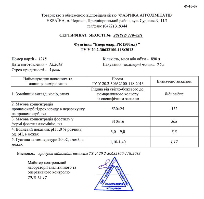 Сертификат фунгицид Энергодар Укравит