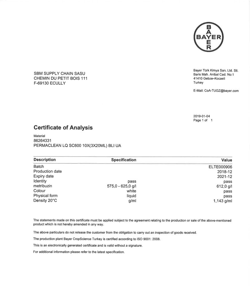 Сертификат гербицид Пермаклин Ликвид (Зенкор Ликвид) Bayer